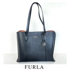 FURLA Vittoria Midnight Blue Structured Leather Top Handle Luxury Shoulder Tote